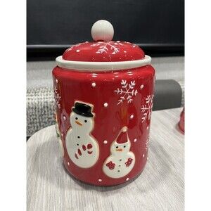 Hallmark Ceramic Cookie Jar Canister With Lid Holiday Snowman Snowflake 10 in.